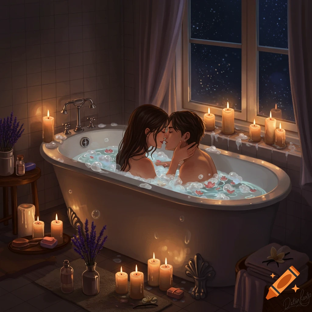 A romantic digital illustration of a couple kissing in a bubble bath, surrounded by lit candles and lavender in a moonlit bathroom.