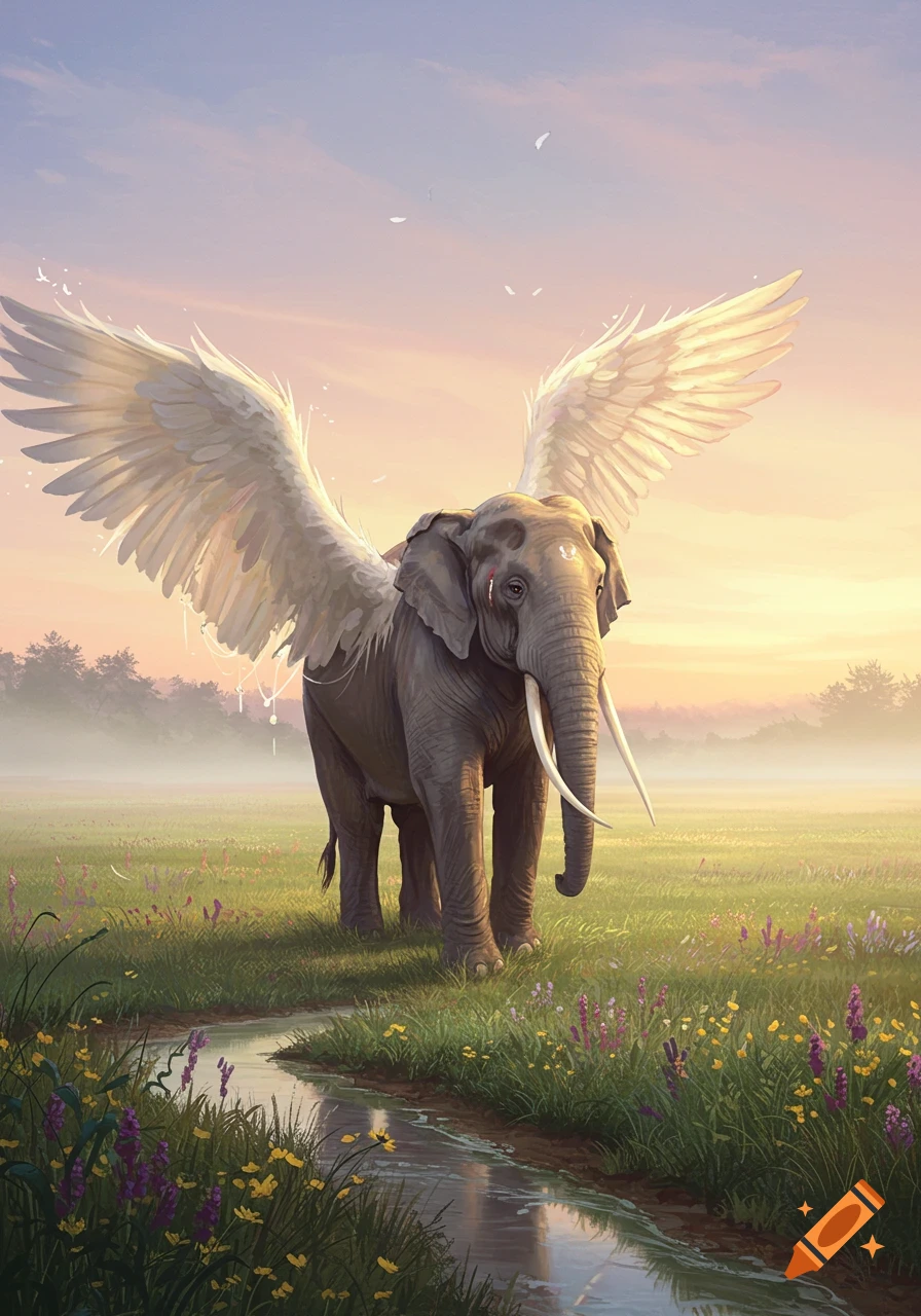 A majestically winged elephant stands in a vibrant, misty meadow with a stream at sunrise, painterly art style.