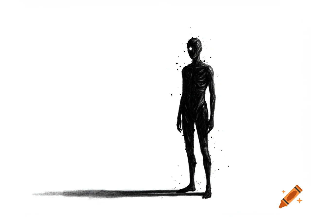 A tall, slender, dark humanoid figure with glowing white eyes stands on a white background, casting a long shadow.