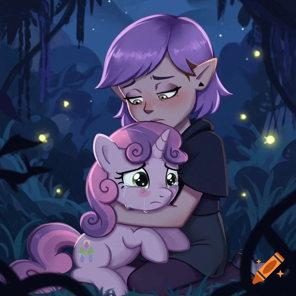 Amity Blight from The Owl House hugs a crying Sweetie Belle from My Little Pony in a dark, glowing forest at night.