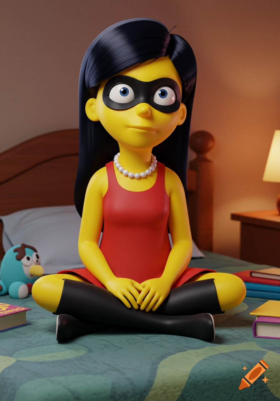 A 3D render of a yellow-skinned character resembling Violet Parr in Lisa Simpson's clothing, sitting cross-legged on a bed.