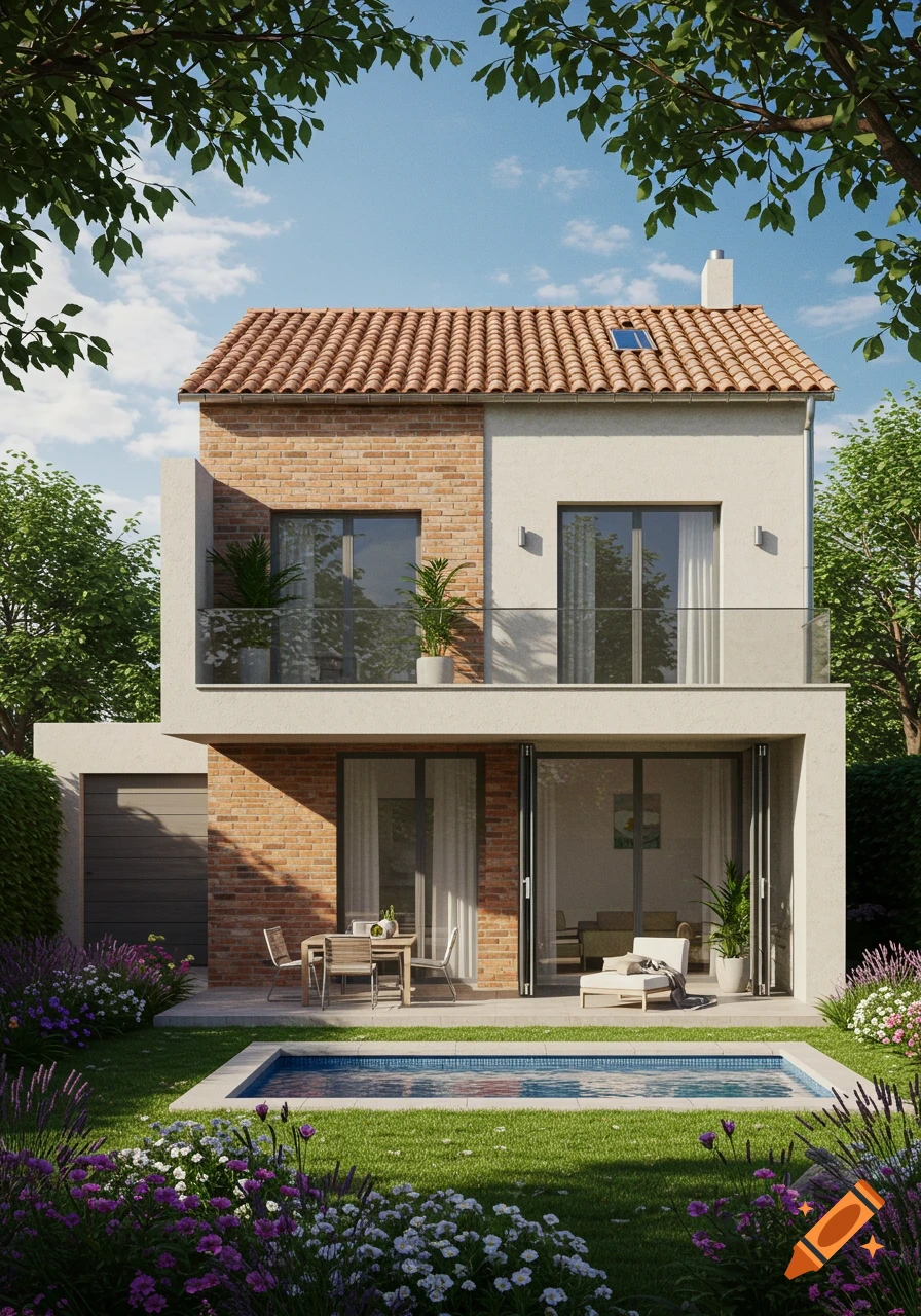 A photorealistic modern two-story house with brick facade, tiled roof, balcony, lush garden, flowers, small swimming pool.