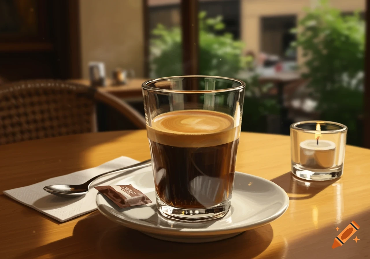Photorealistic coffee in a glass on a cafe table with a spoon, chocolate, and a lit candle, sunny lighting.