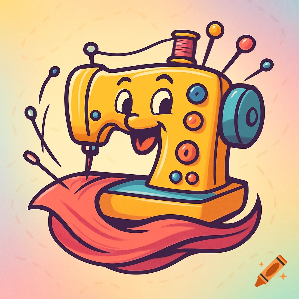 A cheerful, yellow cartoon sewing machine with a red thread spool, sewing a piece of pink fabric, surrounded by pins.