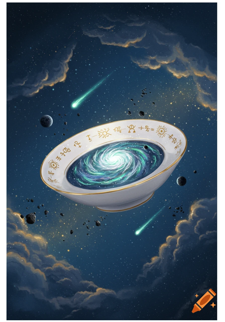 A white bowl with a swirling blue-green galaxy inside floats in space, surrounded by planets, clouds, and glowing meteors.