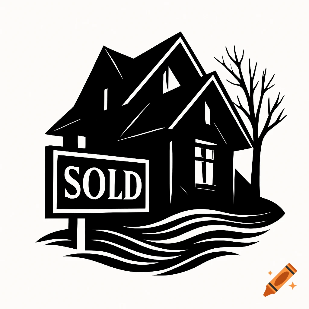 Black and white logo of a house with a 'SOLD' sign, a tree, and ocean waves.