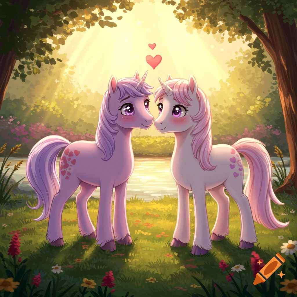 Two loving cartoon unicorns with hearts above them, in a magical, sun-dappled forest next to a river.