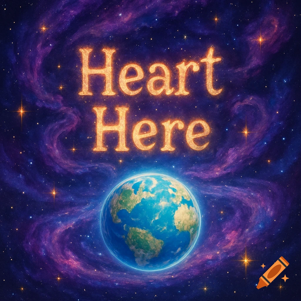 The words 'Heart Here' glow in orange above a detailed blue and green planet, set against a dark, starry purple galaxy.