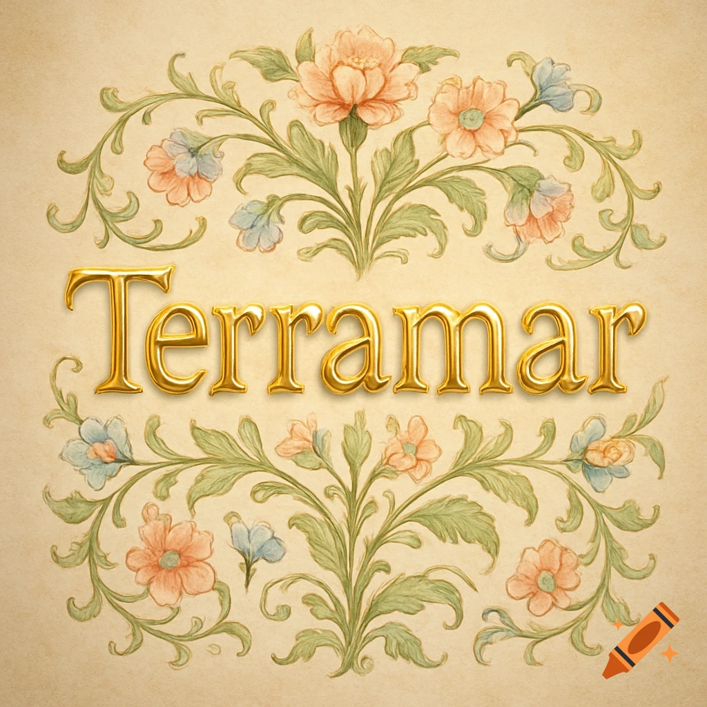 Gold word 'Terramar' with ornamental watercolor floral scrolls above and below, on a textured beige background.
