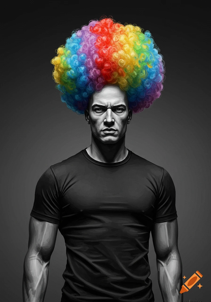 Black and white portrait of a stern man in a black t-shirt wearing a vibrant rainbow afro clown wig.