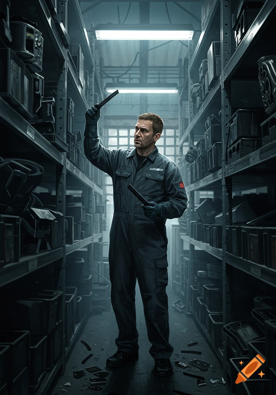 A man in a dark jumpsuit and gloves inspects items on tall shelves in a dimly lit industrial warehouse, holding two black bar-like objects.