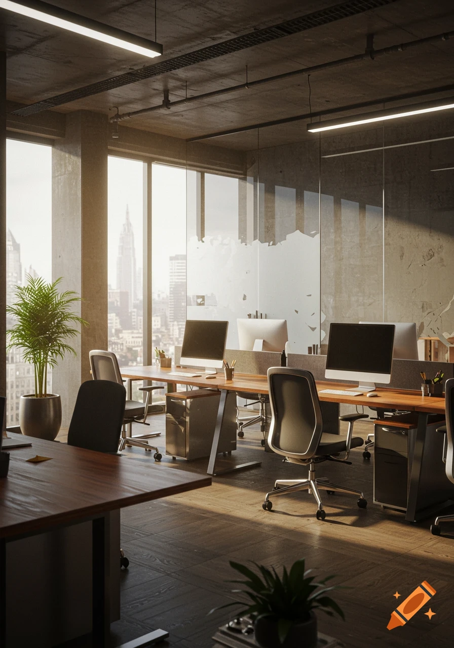 Photorealistic empty modern office with city views through large windows at sunset.
