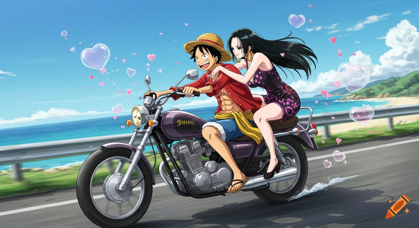 Anime characters Luffy and Hancock ride a motorcycle by the ocean, with pink hearts and bubbles floating around them. Luffy wears a straw hat and red shirt, Hancock a purple dress.