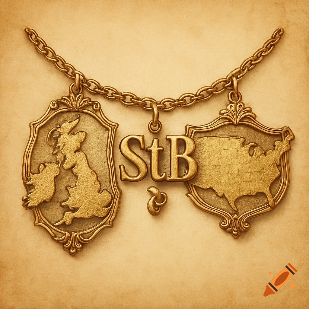 A gold chain connecting two ornate gold pendants, one with a map of Great Britain and the other with a map of America, with the letters 'StB' hanging in the center, all on an aged paper background.