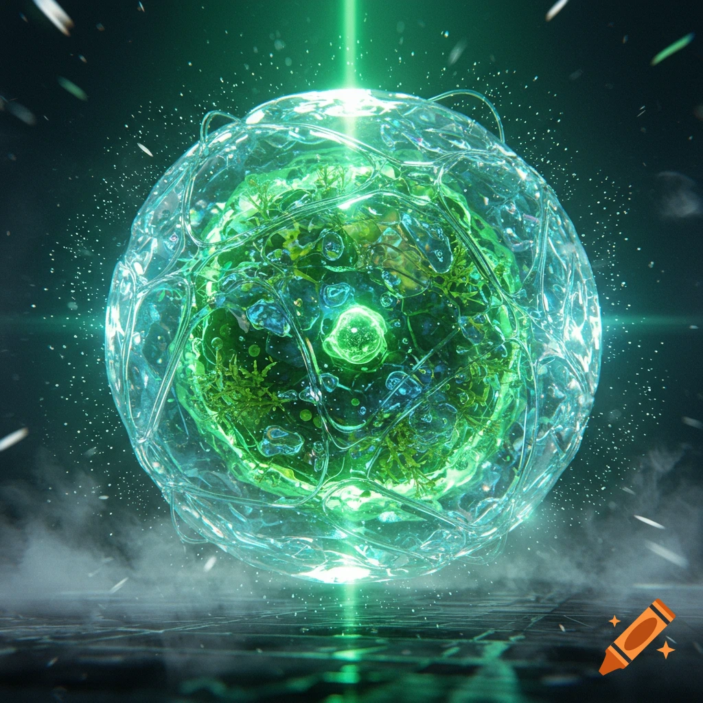 A glowing, translucent sphere containing green organic matter, emanating a bright green light beam in a dark, misty environment.