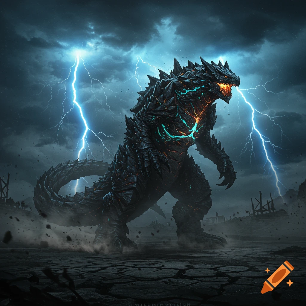A massive, dark, spiky monster with glowing orange eyes and blue-green cracks stands in a desolate, storm-ridden landscape with lightning.