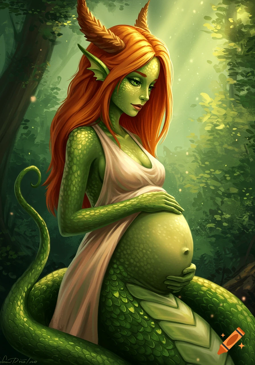 A pregnant lamia with red-gold hair, green skin, and a serpentine lower body cradles her belly in a lush forest.
