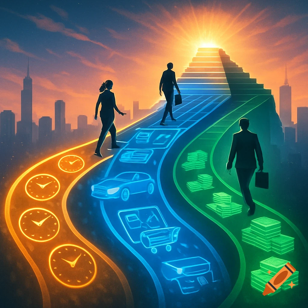 Three silhouettes walk up glowing paths representing time, offers, and money towards a bright pyramid and sunset city skyline.