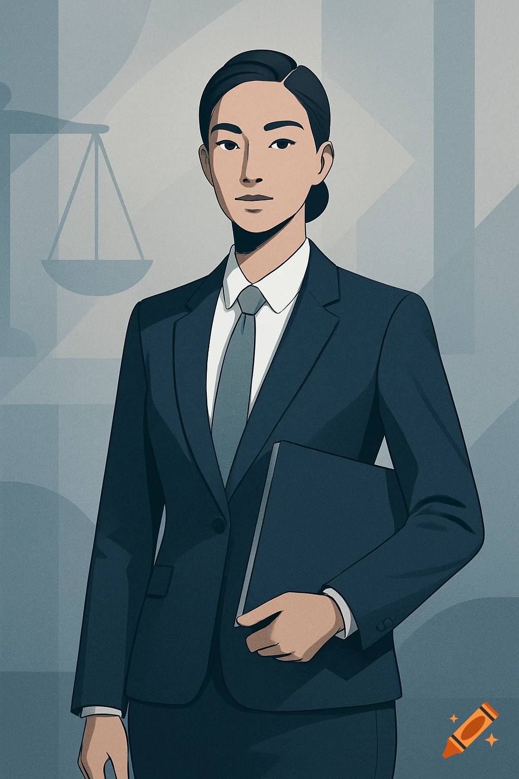 Stylized illustration of a professional woman in a dark suit holding a folder, with scales of justice in the background.