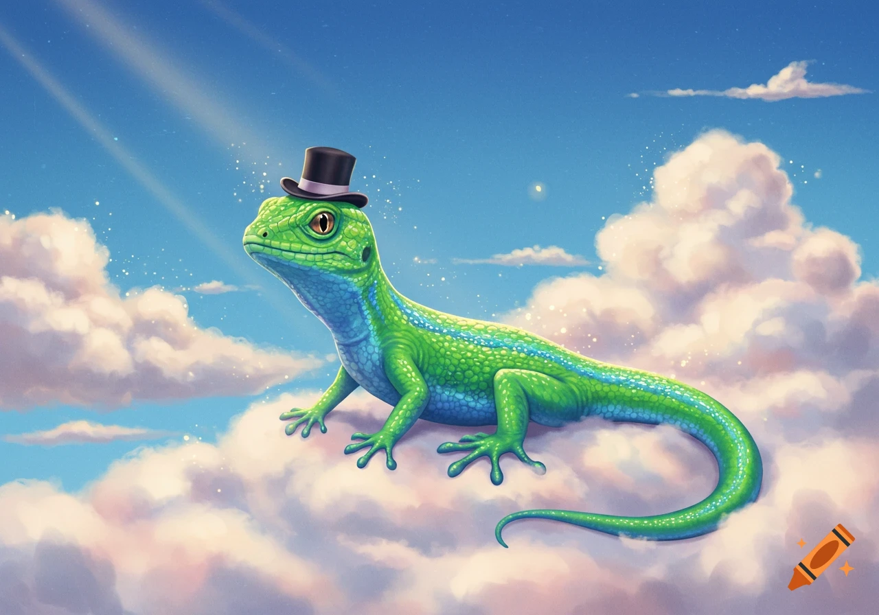 A whimsical green and blue lizard in a top hat sits on white clouds in a bright blue sky.