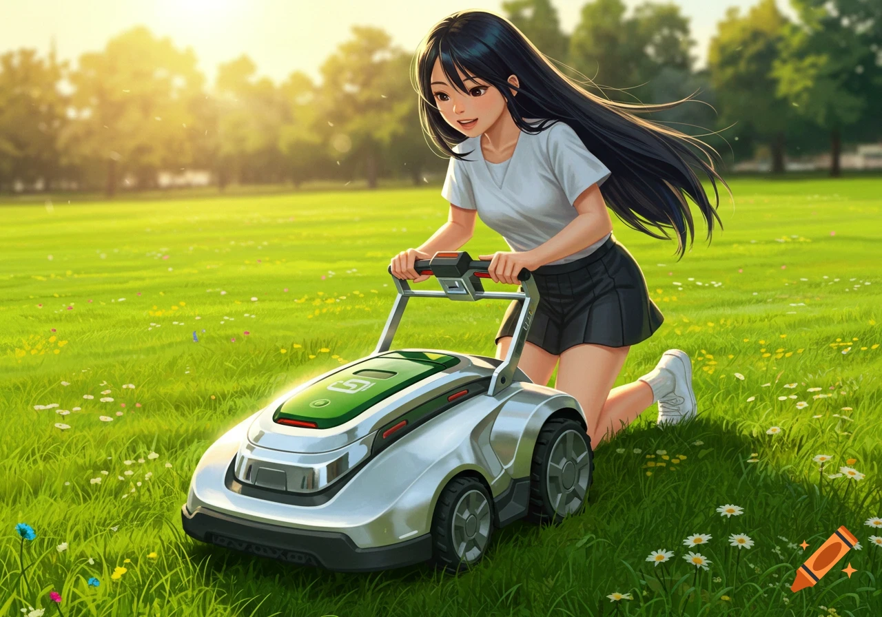 Anime girl kneeling in a sunny park with a robotic lawnmower.