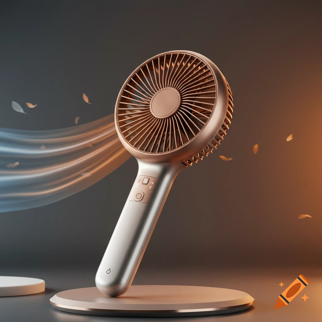 A sleek, rose gold and silver portable hand fan stands on a circular base with warm and cool air streams and falling petals.