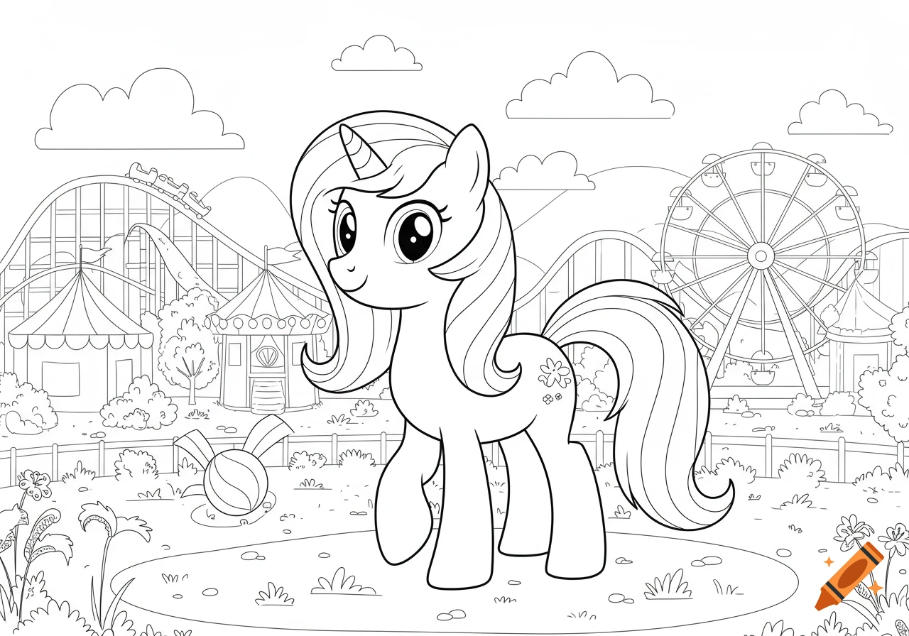 Black and white line art coloring page of a cute unicorn pony in an amusement park with a roller coaster and ferris wheel.