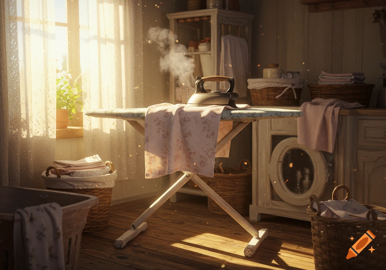 An old-fashioned iron steaming on an ironing board in a sunlit laundry room, with laundry baskets nearby.