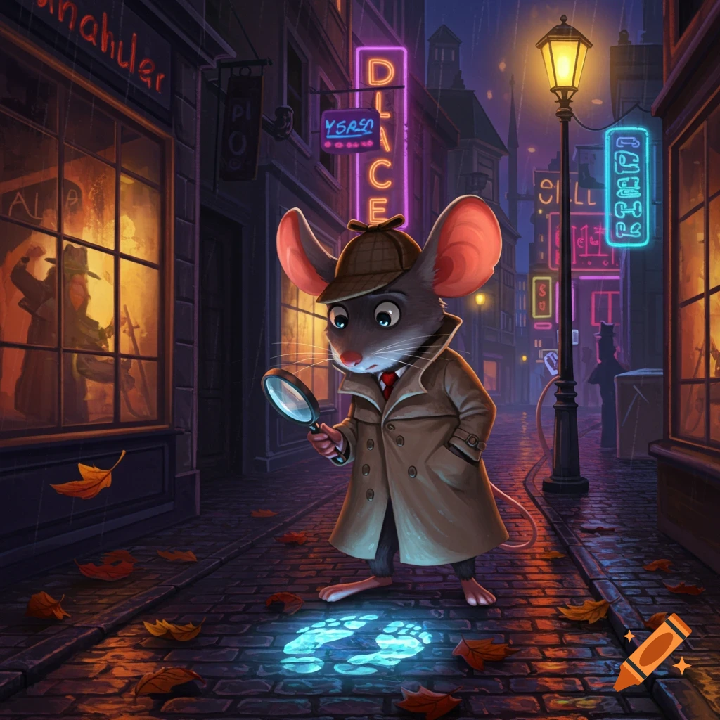 A cartoon detective mouse in a trench coat and deerstalker hat examines a glowing blue footprint on a rainy city street.