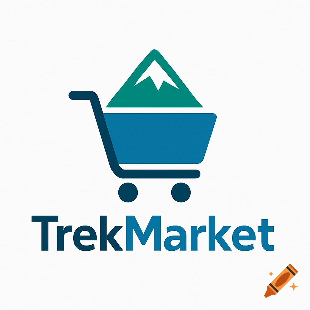 A modern, minimalist logo for "TrekMarket" featuring a blue shopping cart with a green and teal mountain peak inside, on a white background.