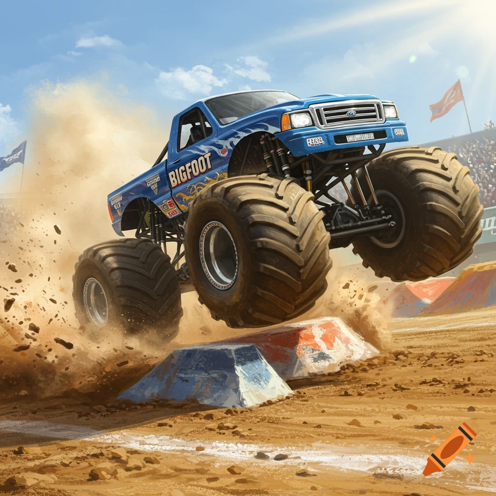 A blue monster truck named Bigfoot jumps over ramps, kicking up dirt in a sunny stadium with spectators.