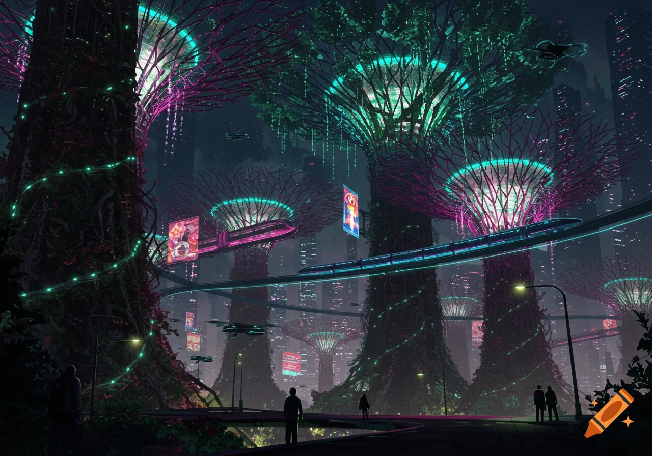 A vibrant cyberpunk city at night with massive glowing trees, elevated trains, and people walking below.