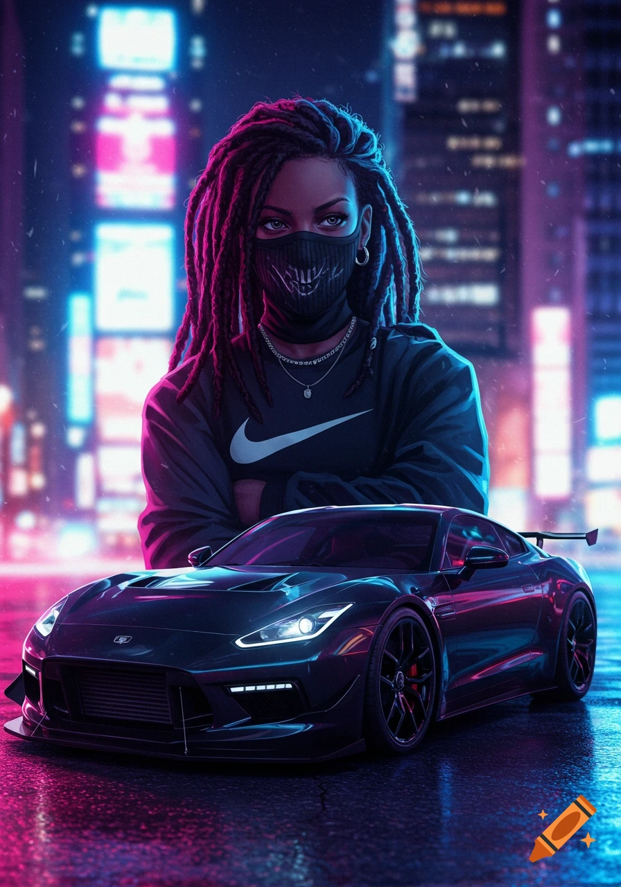 A woman with dreadlocks and a black mask, wearing a Nike sweatshirt, stands behind a sleek black sports car in a neon-lit city at night.