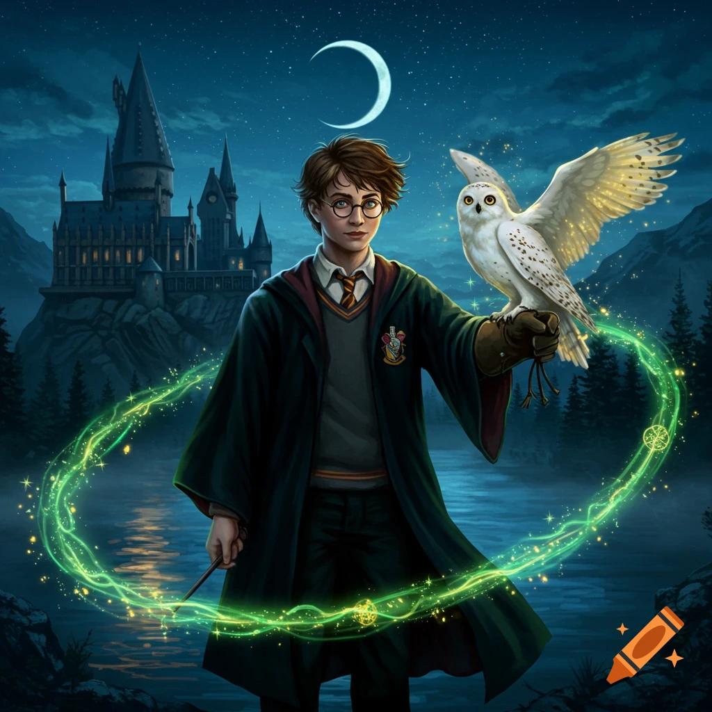 Illustration of Harry Potter holding Hedwig, casting a green glowing spell, with Hogwarts castle at night under a crescent moon.