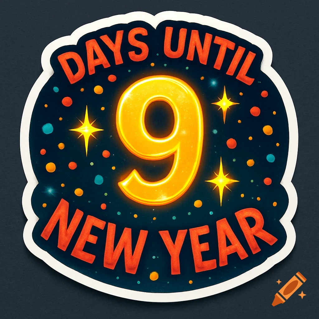 A festive New Year countdown sticker with a glowing orange number 9 and red text "DAYS UNTIL NEW YEAR" on a dark, starry background.