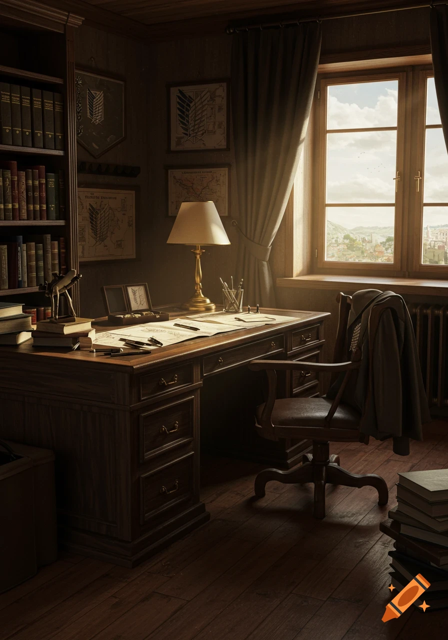 A dimly lit, old-fashioned study room with a wooden desk, bookshelf, and a large window looking out onto a city. Maps and banners with the Survey Corps emblem from Attack on Titan adorn the walls. Sunlight streams through the window.