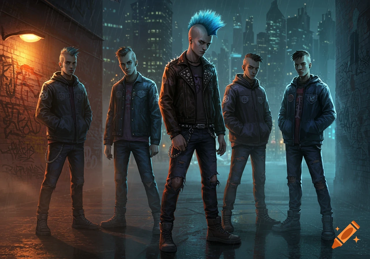 Five punk men in leather jackets and ripped jeans stand in a dark, rainy city alley at night, one with a blue mohawk.