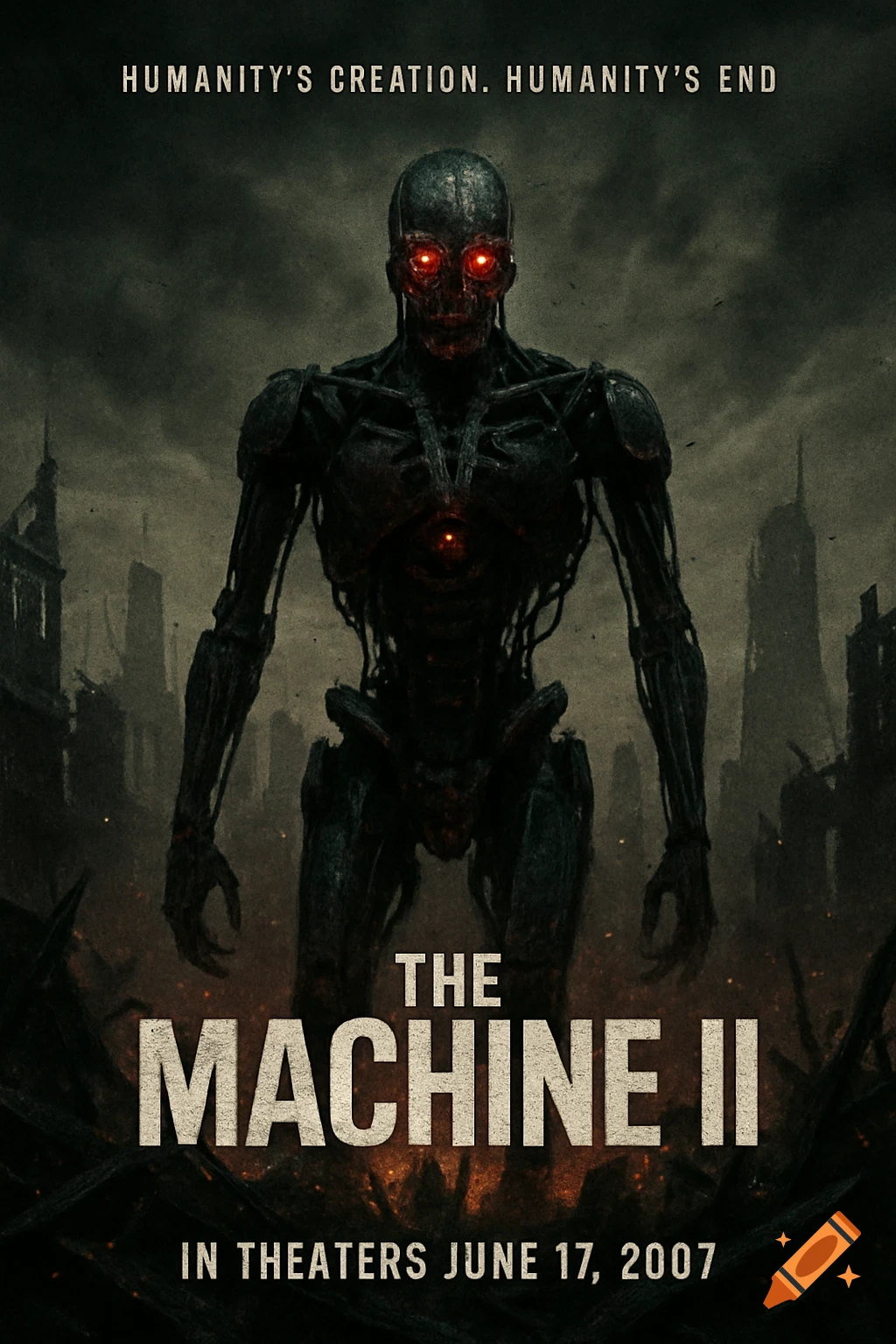 Dystopian movie poster for 'The Machine II' with a menacing, skeletal robot with glowing red eyes in a ruined city.