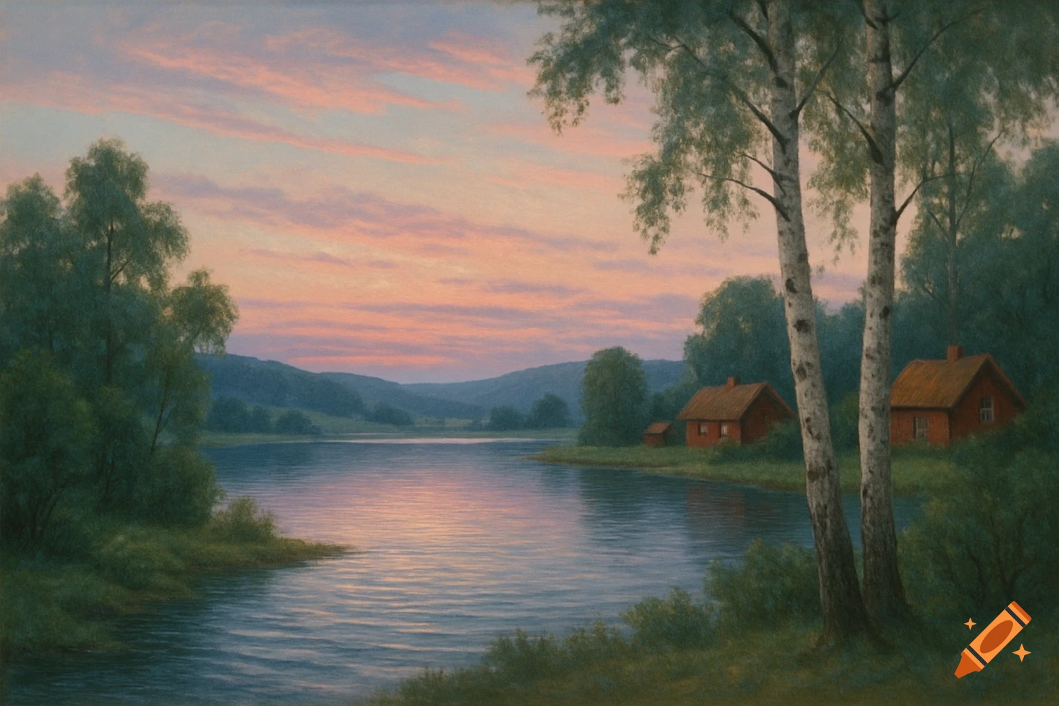 A serene landscape painting of a winding river, green trees, and two red-roofed cottages under a pink and orange sunset sky.