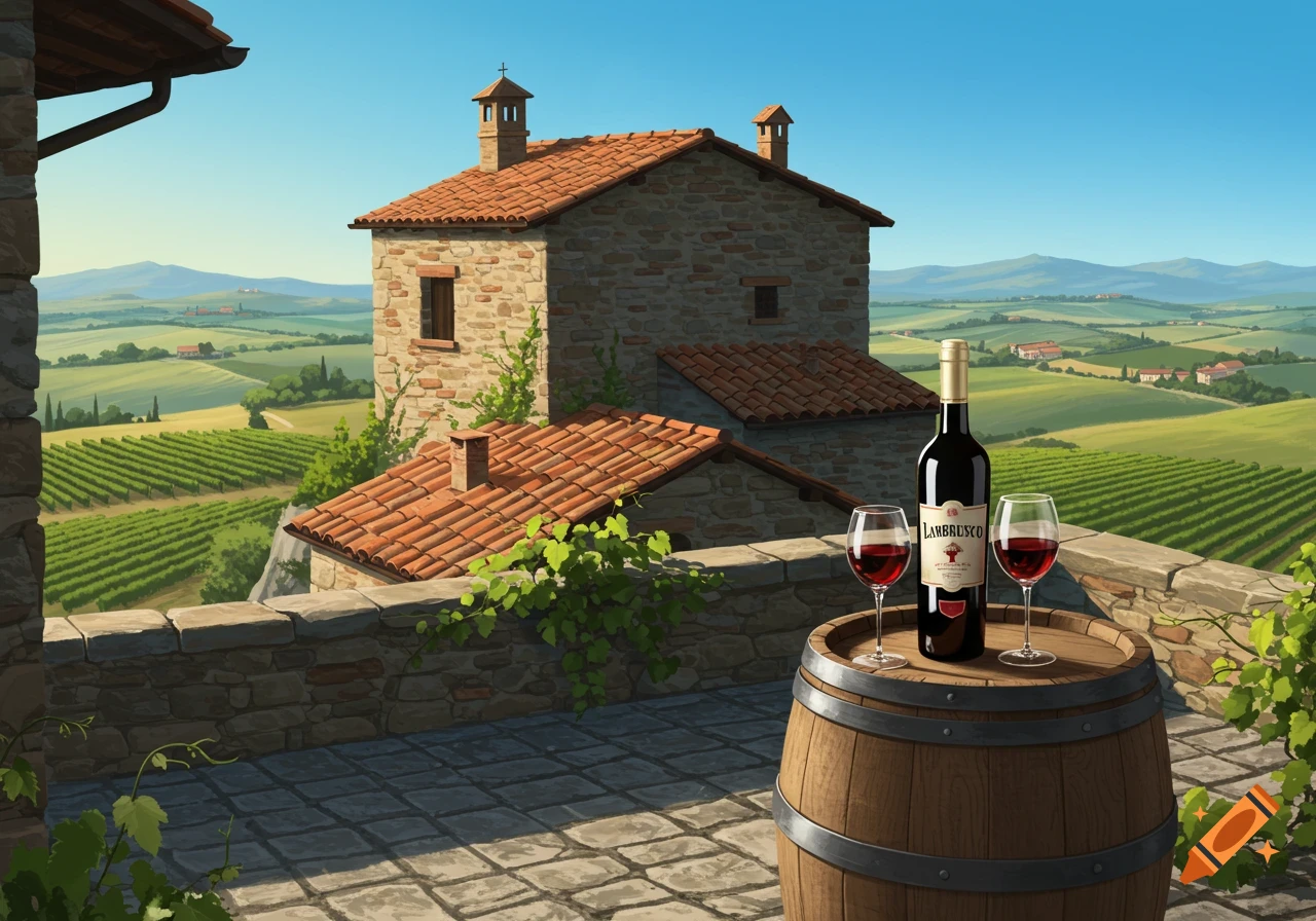 An illustrative scene of a stone house overlooking vineyards, with a bottle of Lambrusco wine and two glasses on a wooden barrel.