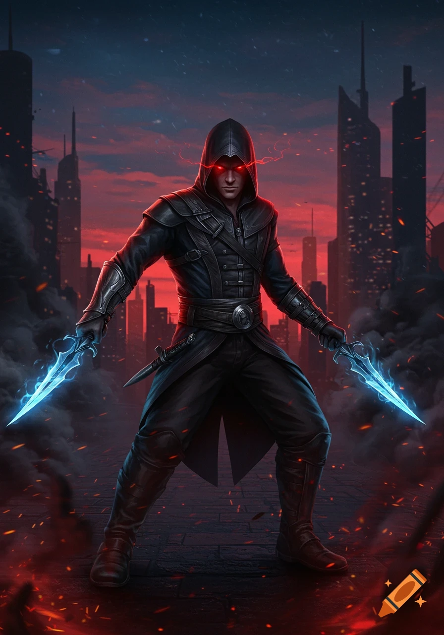 Dark fantasy art of a hooded male assassin with glowing red eyes, holding two blue magic daggers in a smoky, red-skied city.
