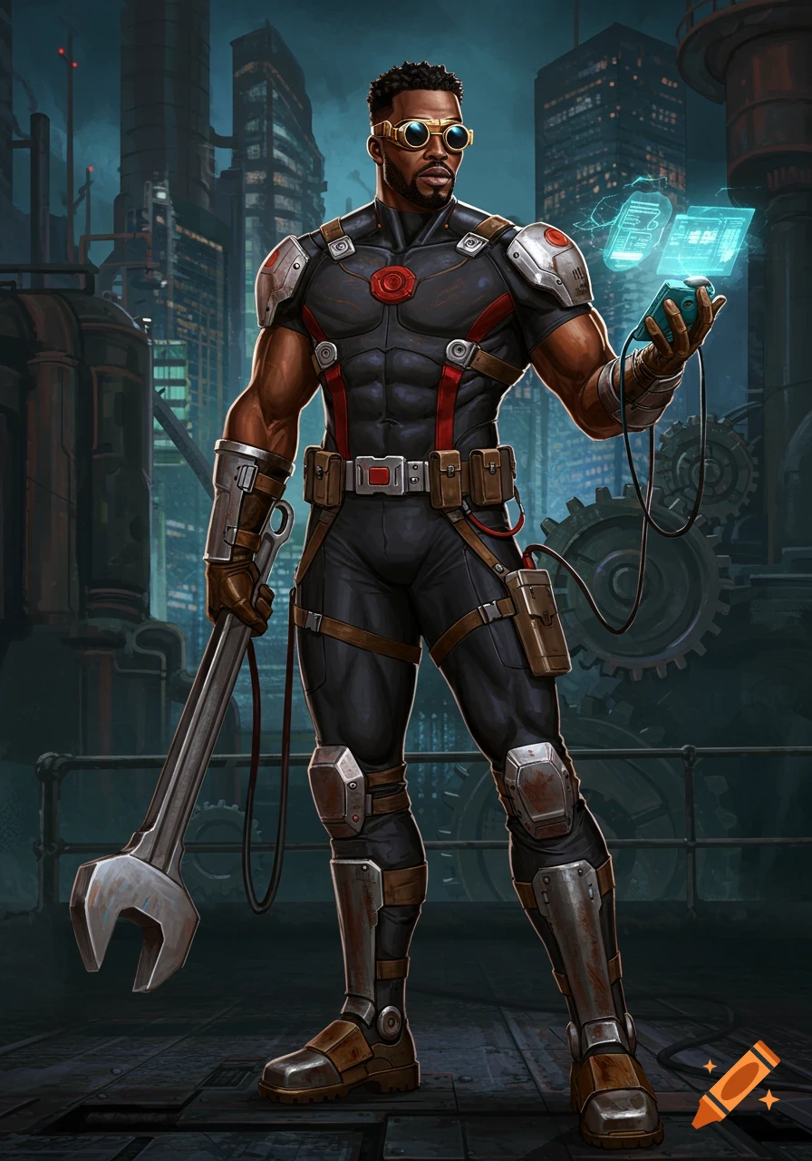 A muscular Black superhero in a black mechanic jumpsuit holds a giant wrench and a glowing device in a dark industrial city.
