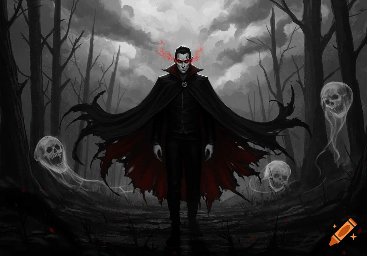 A vampire with glowing red eyes and a flowing cape stands in a dark, eerie forest with ghostly skulls. Dark fantasy illustration.