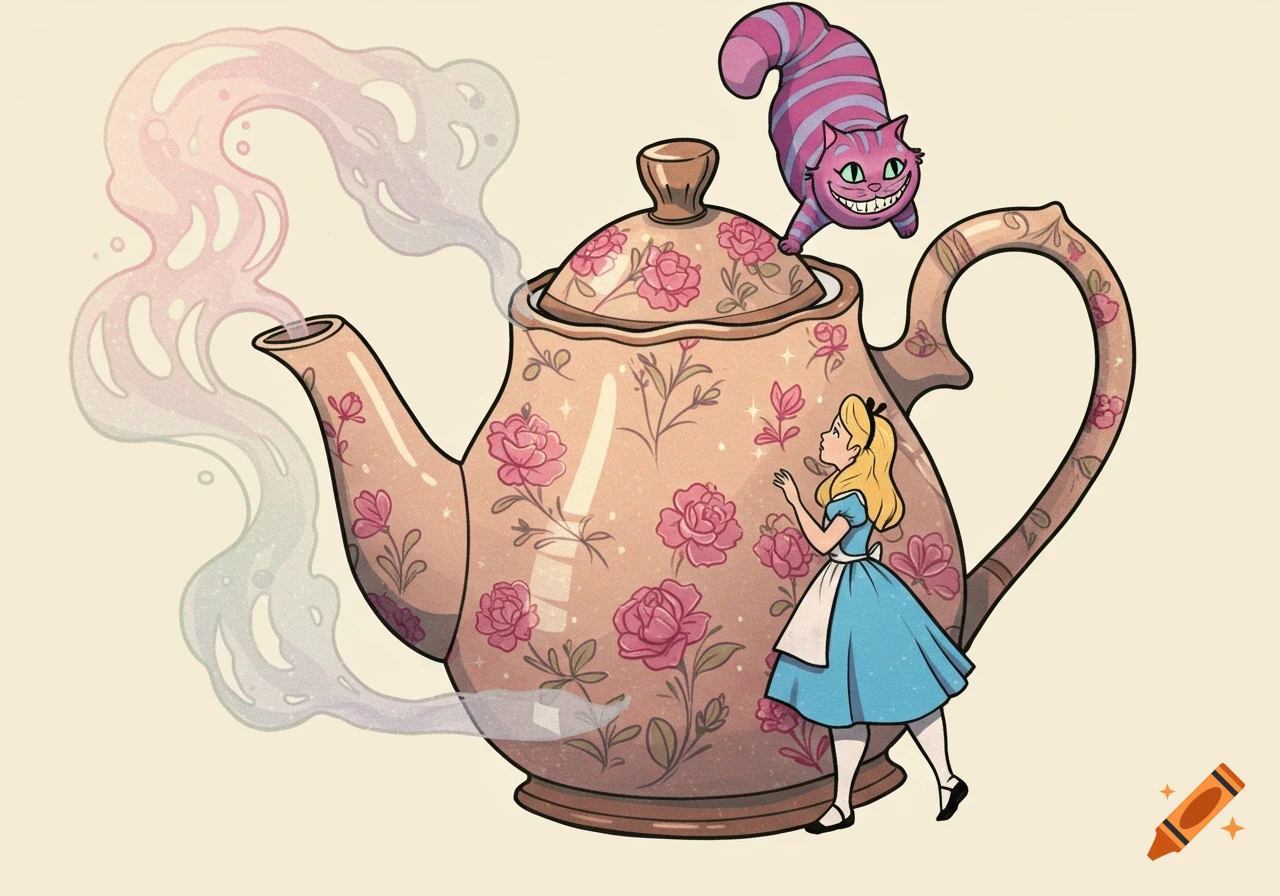 Illustrated Alice in Wonderland, with Alice looking up at the Cheshire Cat perched on a steaming, floral teapot.