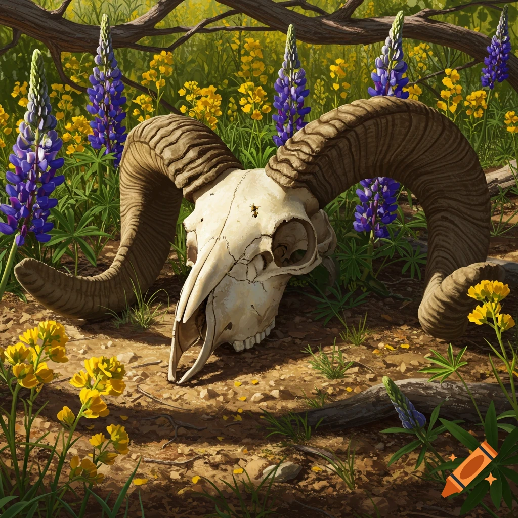A detailed realistic rendering of a bighorn sheep skull resting on the ground among vibrant yellow balsam root and purple lupine flowers.