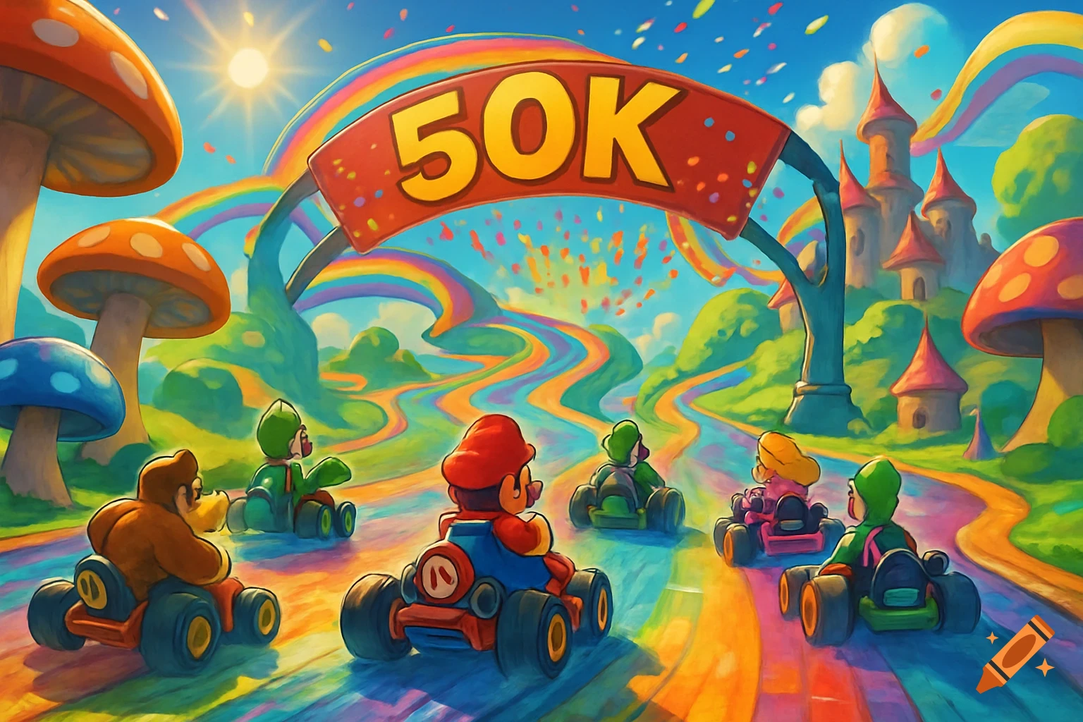A colorful Mario Kart-style race scene with characters resembling Mario and Donkey Kong driving go-karts on a rainbow track, with a "50K" banner at the finish line.