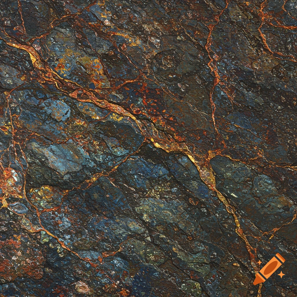 Close-up of a dark, rough ore vein texture with intricate orange and golden lines running through blue and black rock.