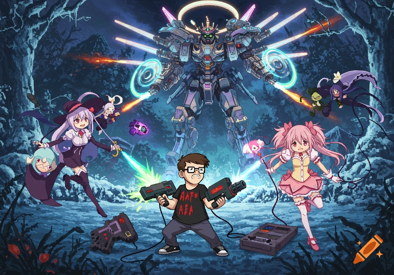 Pixel art scene of a man with laser guns, anime characters, and a giant mech fighting in a dark forest.