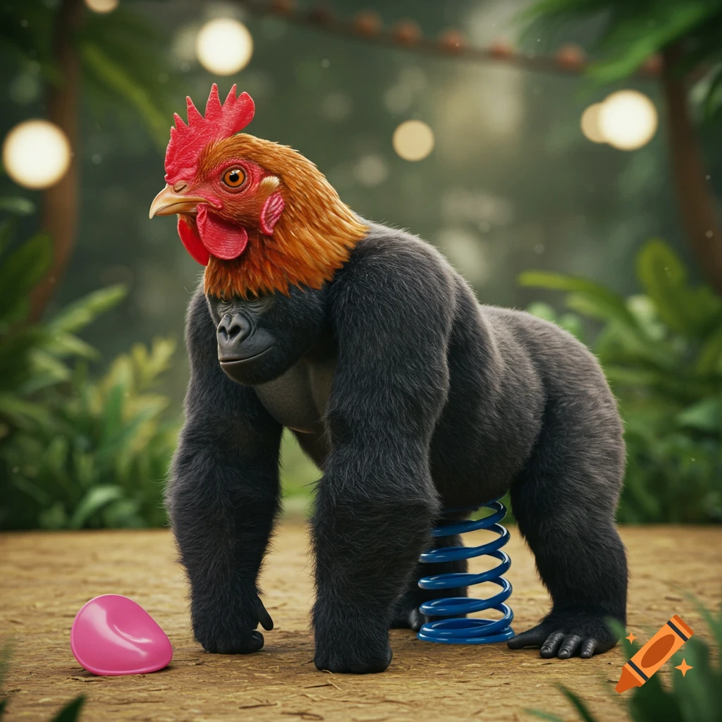 A photorealistic hybrid creature with a chicken head on a gorilla body, standing on a blue spring, next to a pink egg-shaped object in a jungle.