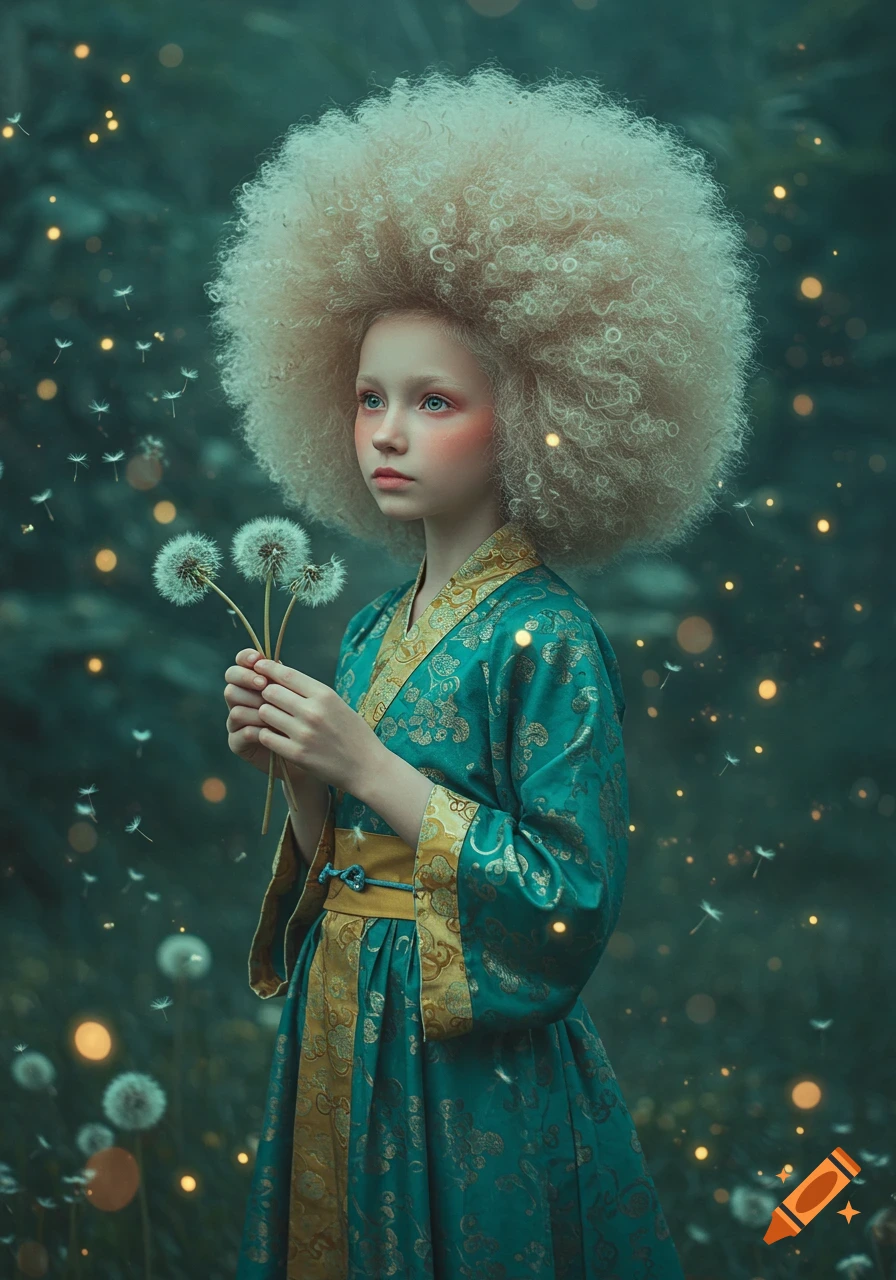Young girl with a large blonde afro and teal-gold gown holding dandelions in a dreamy, painterly forest.